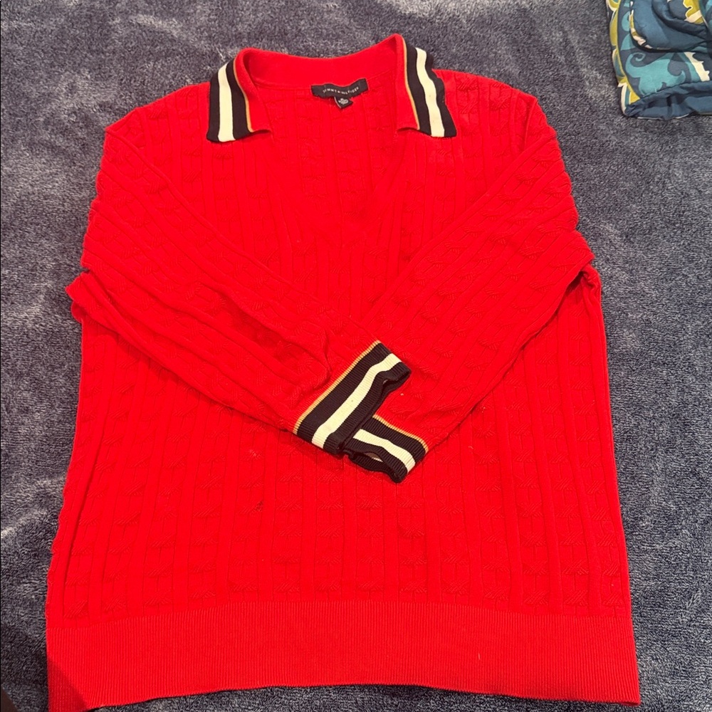 Red Cable Knit Sweater with Striped Collar